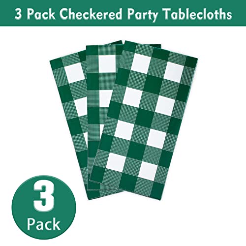 Image of Kesfey 3 Packs Green and White Checkered Tablecloths 54 x 108 Inches Disposable Plastic Gingham Tablecovers Waterproof Rectangle Picnic Party Table Covers for Birthday Party Supplies Christmas