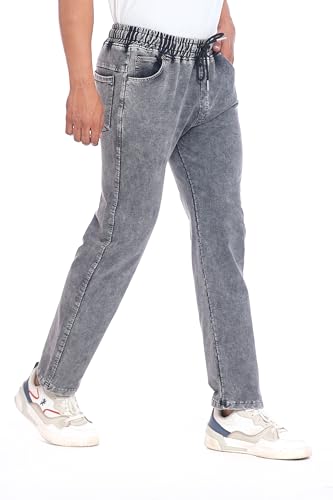 Image of Men's Denim Joggers, Regular Fit, Mid Rise, Stretchable Cotton Blend, Drawstring Waist, Soft Fabric, Multiple Pockets, Tapered Leg Casual Pants