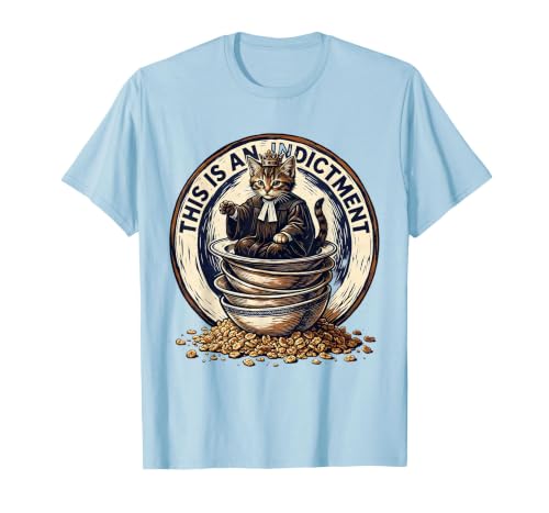 This Is An Indictment Funny Sassy Cat Linocut Meme T-Shirt, Men, Baby Blue, Large