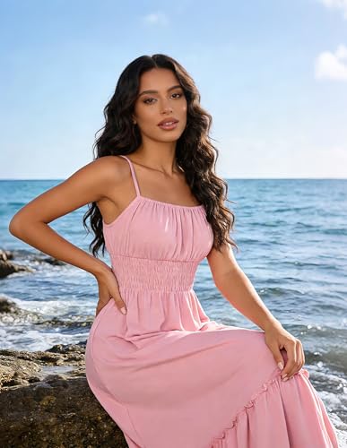 Image of GRACE KARIN Women's Summer Maxi Dress 2026,Smocked Ruched Bust Sundress with Adjustable Straps & Pockets-Beach Vacation Dress