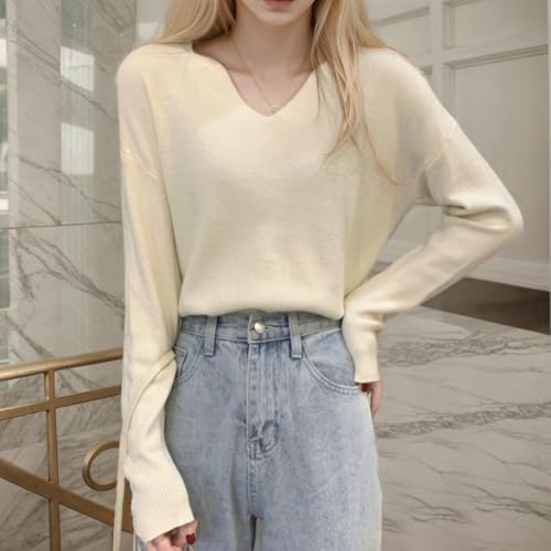 Autumn/Winter Solid Color V-Neck Casual and Versatile Gentle and Lazy Knitted Long-Sleeved Sweater top
