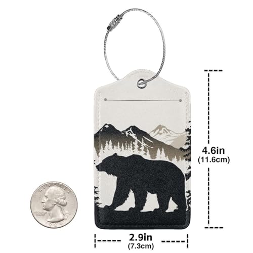Bear and Mountain Leather Luggage Tag with Stainless Steel Ring, Fun Name Id Card Cover Travel Bag Tag Set, Suitable for Travel Bag Luggage Women Men 2 PCS3
