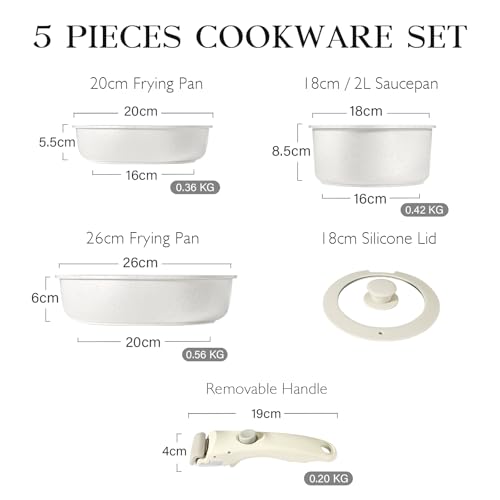 GiPP Pots and Pans Set Non Stick,5PCS White Granite Nonstick Cookware Sets with Detachable Handle,Induction Kitchen Set Removable Handle,RV Cookware Set,PFOA Free (White,5PCS) - Image 3
