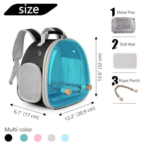 Image of Polarized Tinted Blue Bubble Small Bird Carrier Travel Cage, Portable Bird Carry Backpack with Stainless Steel Tray and Standing Perch for Parakeet Cockatiel Budgies