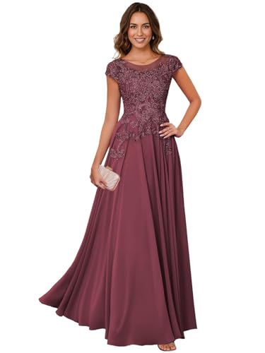 Image of Lace Applique Chiffon Mother of Bride Dresses - Short Sleeve Pleated Long Mother of The Groom Dress