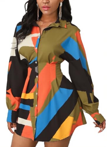 Image of Glozeplus Long Sleeve Button Down Collar Mini Shirt Dress for Women | Trendy script print shirt dress.The button-down front and collared V-neck create a chic.Perfect for office or casual dates.