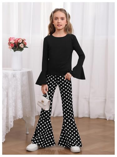 Image of WDIRARA Girl's 2 Piece Flounce Sleeve Top and Leopard Print Bell Leg Bottom Pants Set