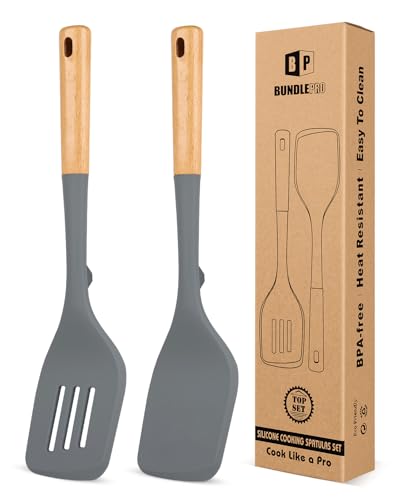 Pack of 2 Large Silicone Spatula, Heat Resistant Solid Turner, Non Stick Slotted Spatulas with Wooden Handle, Ideal Kitchen Utensils for Flipping, Pancakes, Eggs, Fish(Gray)