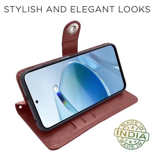 Image of Pikkme Redmi 12 4G Flip Cover Leather Finish | Inside TPU with Card Pockets | Wallet Stand and Shock Proof | Complete Protection Button Flip Case (Brown)