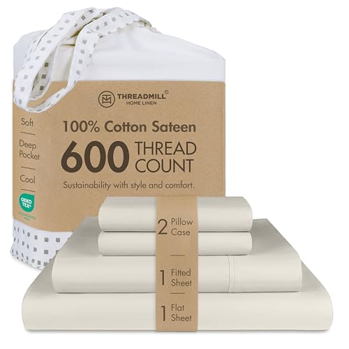 Image of Threadmill California King Sheet Sets | 600 Thread Count Cal King Bed Sheets Set with 16 inch Deep Pocket | Sateen Weave 4-Piece Bedding Set with Cooling Effect | Taupe