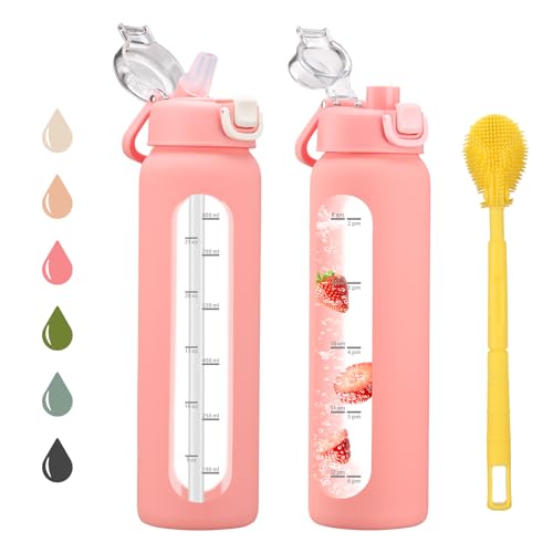 chunmo 32 oz Motivational Borosilicate Water Bottle with Time Marker