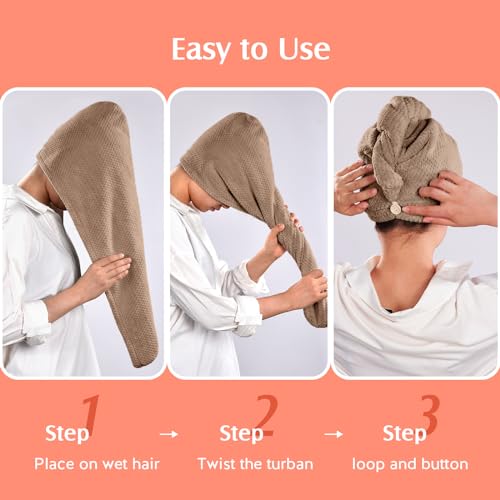 Image of YFONG 2 Pack Microfiber Hair Towel Wrap for Women, Super Absorbent Quick Dry Hair Turban for All Hair Style Anti Frizz, Large Hair Drying Towel with Button