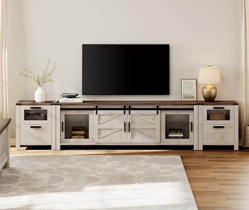 Image of WAMPAT TV Stand Set with Charging Station for 85 inch TV, Antique Oak