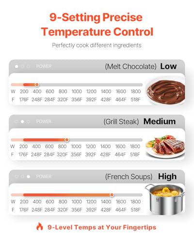Image of VEVOR Portable Commercial Cooktop, 1800W Induction Burner with 9 Temperature Settings, Stainless Steel Countertop Induction Hot Plate with 3H Timer, Child Lock, for Restaurant Cooking