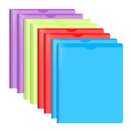8 Packs Heavy Duty Plastic Folders with Brads and Clear Front Pocket, 2 Pocket folders with 3 prongs, Multicolor Plastic Folders with Pockets and Card Slot for Letter Size Paper.