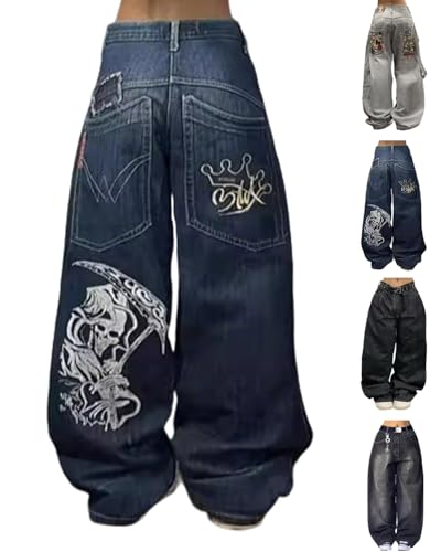 Baggy Women Men Hip Hop Goth Street Y2k Jeans with Skeleton Print, Vintage High Waist Denim Wide Leg Pants Wear