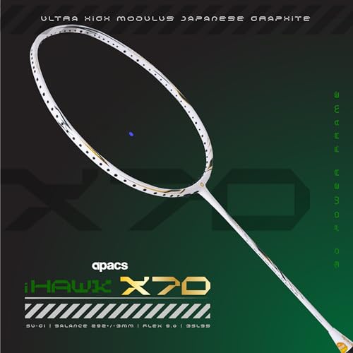 Image of Apacs iHawk X70 (Unstrung) Full Graphite Ultra Strong Carbon Fibre Badminton Racket with Falcon Kit Bag | 82-84g | 35 LBS Max Tension | 3D Power Frame | Made in Vietnam (White)