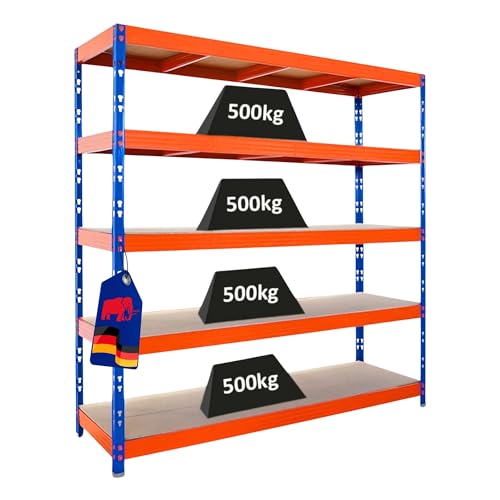 PROREGAL Profi Schwerlastregal Rhino EXTRA BREIT blau/orange HxBxT 200x200x60cm Fachlast 500kg 5X Spanplatten-Ebenen 8mm Garagenregal, Lagerregal, Steckregal, Weitspannregal
