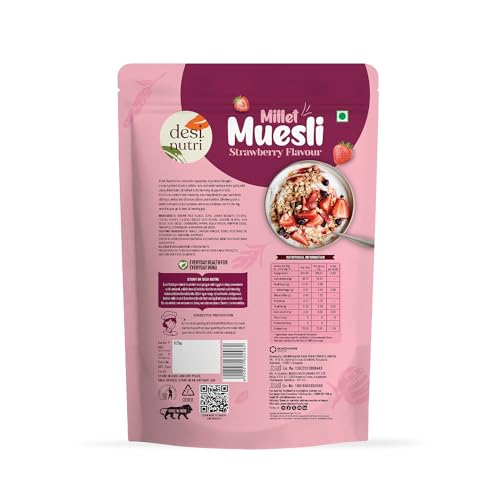 Image of Desi Nutri Millet Muesli Strawberry Flavour 625grams | Healthy Balanced diet | Multigrain Breakfast Cereal | Real Fruits|Breakfast Cereal|Protein Rich|Strawberry Muesli (Strawberry)