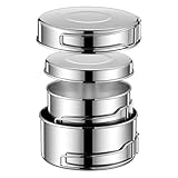 ZOENHOU Juego de Utensilios de Cocina para Camping, 4 Piezas, Acero Inoxidable 304, 900 ml + ollas de 600 ml, sartén de 450 ml, Plato de 200 ml, para 2-3 Personas, Senderismo, pícnic