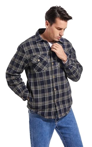 Image of Men's Sherpa Cotton Flannel Shirt Jacket Plaid Button Coat Pocket