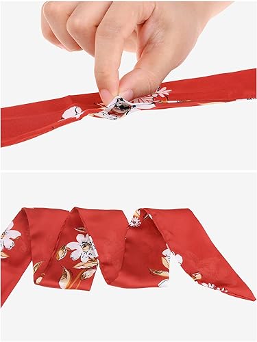 Women Floral Satin Scarves, Square Silky Neck Scarf Neckerchief, Skinny Long Ribbon Hair Band4