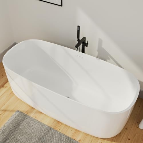Image of 59 inch Lucite Acrylic Freestanding Bathtub, Rectangular Shape Contemporary Soaking Tub with Toe-tap Chrome Center Drain, Slotted Overflow, cUPC Certified, Glossy White