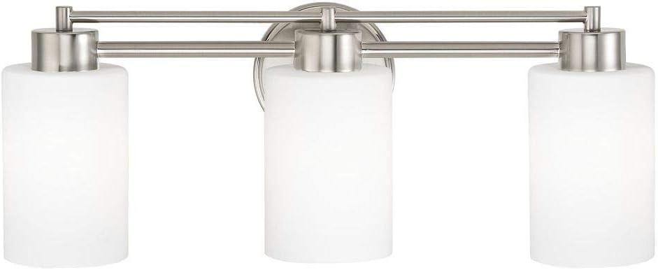 Modern Bathroom Light with White Glass in Satin Nickel Finish