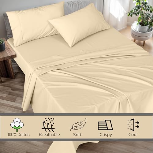 RUVANTI 100% Cotton Twin XL Sheet Sets, 3 Pieces, Soft & Breathable Percale Weave Bedding, Deep Pocket 16", Hotel Standard, Crisp Cool Feel, Durable, Perfect Size Dyed Sheets, Beige