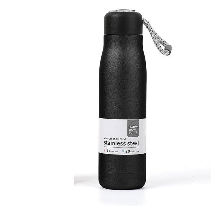 Image of Water Bottle Stainless Steel for Daily Office, School & Gym Use - BPA-Free, Leak-Proof, Durable Metal Bottle with Carry Strap (Black-SS, 550 ml)