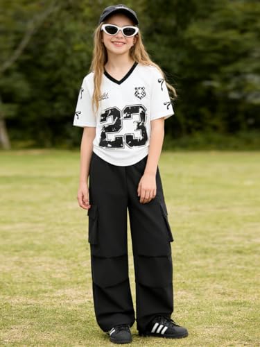 Image of Tween Girls Clothes Short Sleeve Graphic T-Shirt Top + Cargo Pants 2pcs Outfit Set, Size 7-15Years