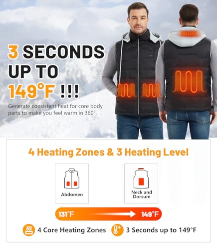 Lightweight Electric Heated Vest for Men with Detachable Hood, 3 Heating Levels and 12000mAh Battery Pack2