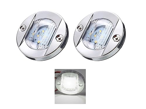 Marine Boat LED Cabin Deck Courtesy Light Stern Transom Lights 12V DC Round Chrome Clear Lens Waterproof, Round LED Deck Courtesy Light 2 Pcs White