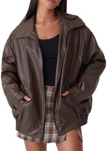 Womens Oversized Faux Leather Motocycle Jacket Zip Up Outwear Coa...