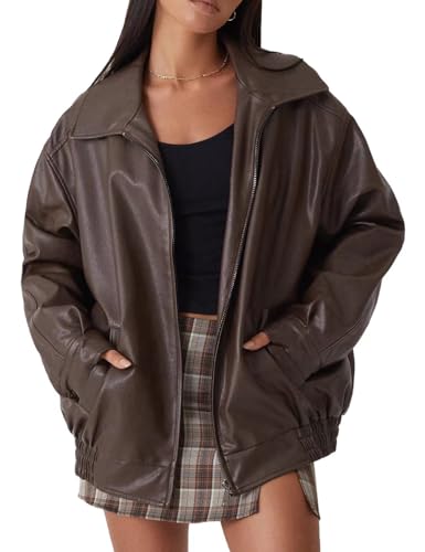 Image of FSVABY Womens Oversized Faux Leather Motocycle Jacket Zip Up Outwear Coat with Pockets (Dark Brown, Medium)