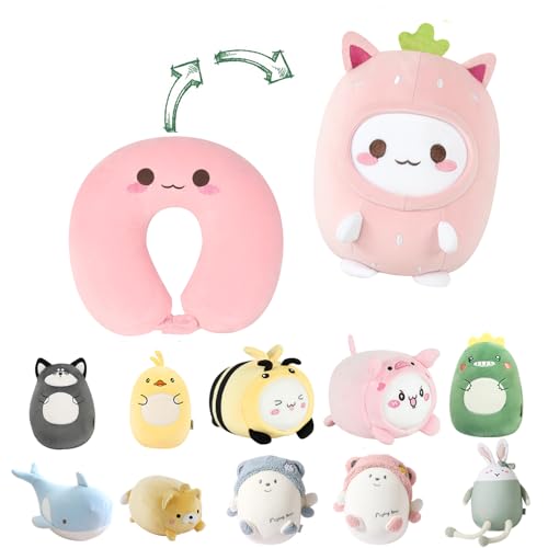 Image of Kids Travel Pillow - 2-in-1 Deformable Kids Neck Pillow for Traveling, Soft U-Shaped Pillow with Adorable Animal Design, Comfy Sleep and Play, Ideal for Airplanes and Traveling (Pink Strawberry)