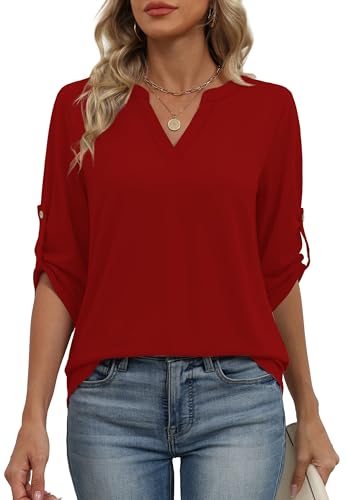 Image of XIEERDUO 3 /4 Length Sleeve Womens Tops V Neck T Shirts Both Side Buttons Blouses Business Casual Outfits Loose Fit
