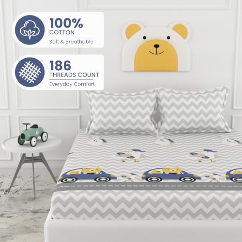 Image of LORETO - A QUALITY LINEN BRAND 186 TC 100% Pure Cotton Double /Queen Fitted Bedsheet with 2 Pillow Covers for 78 x 60 Inch Mattress, All-Around Elastic, 8 Inch Deep Pocket, Car Ride
