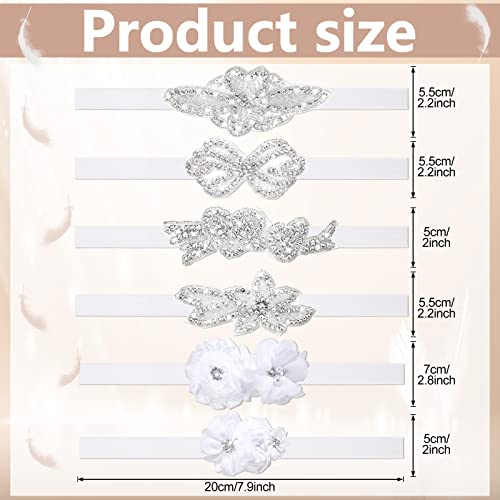 6 Pcs White Baptism Headband for Baby Girl Toddler Elastic Chiffon Flower Crystal Lace Headbands Christening White Baby Baptism Headband Gifts Birthday Baby Shower Party(Elegant Style)2