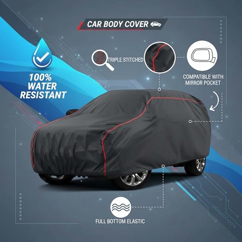 Image of Sulfar 100% Water Resistant Car Body Cover Compatible with Mirror for BMW 5 Series (Triple Stitched, Full Bottom Elastic, Dark Grey Taffeta with Red Piping)