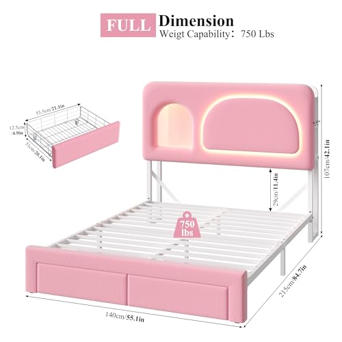 Image of Keyluv Full Size LED Bed Frame for Grils with Storage Bookcase Headboard&Charging Station, Velvet Upholstered Platform Bed with 2 Large Drawers&USB Ports, Sturdy Metal Support, No Box Spring Need,Pink