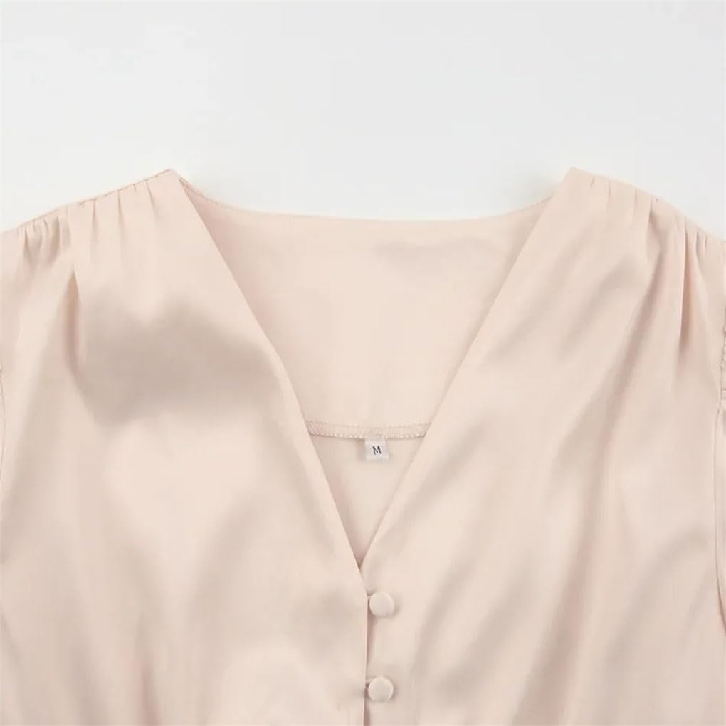 Robe longue en satin à simple boutonnage pour femme - Taille haute - Manches lanterne - Midi