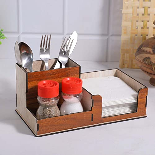 Image of Deskart Kitchen Cutlery Holder | Spoon, Fork, Knife, Napkin Tissue And Salt Pepper Organizer Stand For Home & Kitchen, Resturant, Cafe Dining Table Wooden MDF Dining Table Organizer (Modern)