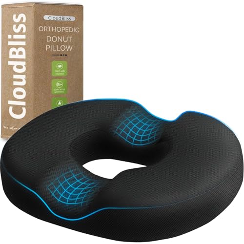 Image of CloudBliss Donut Pillow Stadium Seat Cushion for Tailbone Pain Relief and Hemorrhoids, Memory Foam Seat Chair Cushion, Portable Seat Cushions for Bleachers, Car, Home & Office
