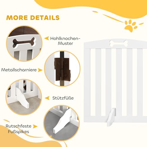 PawHut Absperrgitter Hund Freistehendes Schutzgitter mit Füßen 155 x 61 cm Hundegitter Klappbar Treppenschutzgitter Türschutzgitter Treppengitter für Treppen, Türen, Küche, Flur, 3 Paneelen, Weiß