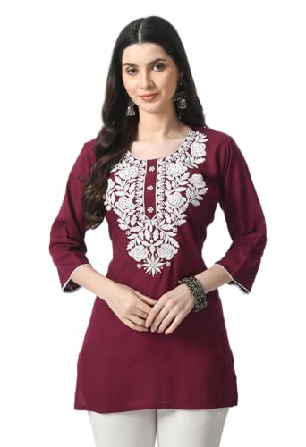 Image of LIBOZA Kurti for Women - Short Chikankari Kurtis for Girls, Lakhnawi Tunic Top Kurta Design for Ladies, Woman Ethnic Kurthis & Shirt with Sleeve