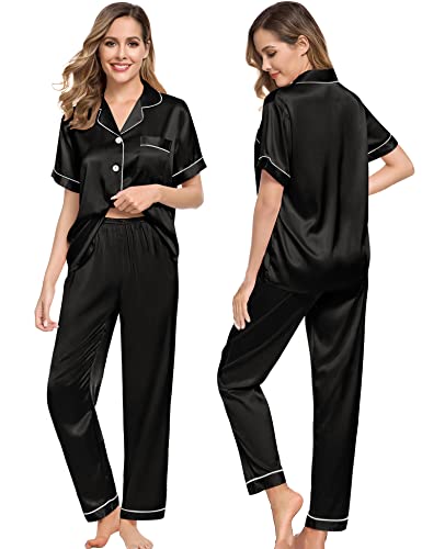 SWOMOG Couples Pajamas Sets Women & Men Satin Short Sleeve Sleepwear Button Down Loungewear Pjs Set with Long Pants2