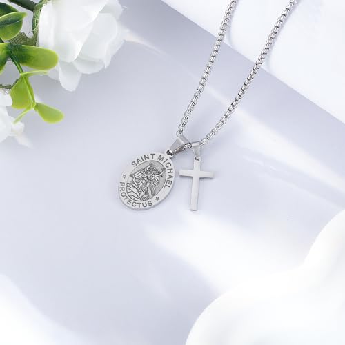 Liuanan St Michael Pendant for Men Saint Michael the Archangel Pendant Necklace Christian Protection Jewelry Stainless Steel Religious Cross Chain for Him Catholic Gifts for Confirmation First Communion Graduation Anniversary Father's Day Son Birthday Gift4