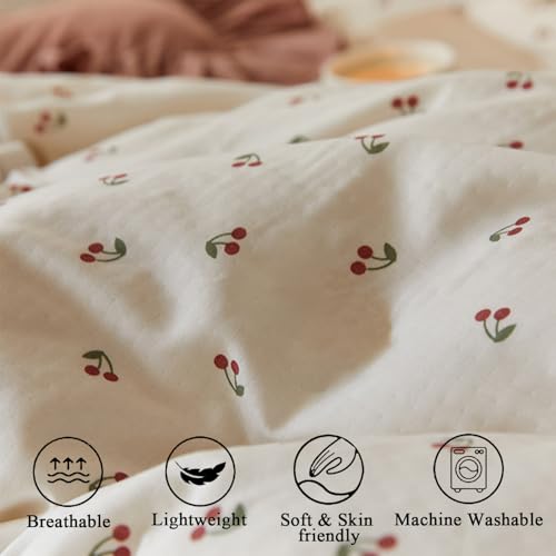 Image of Cherry Duvet Cover Queen Size Red Cherry on White Bedding Set with Zipper Closure 3 Pieces Kids Girls Cherry Pattern Soft Microfiber Comforter Cover Set with 2 Pillowcases