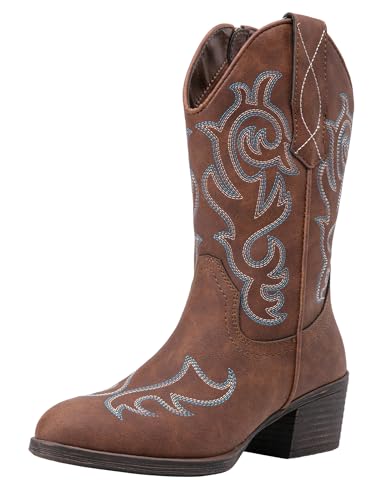 Vepose Women’s Cowboy Mid Calf Boots Cowgirl Western Embroidered Chunky Low Heel 9800 Boots with Zipper